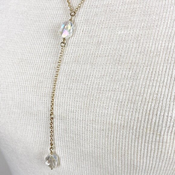 Iridescent Crystal Bead Lariat Y-Necklace on Gold Tone Chain - Picture 2 of 6